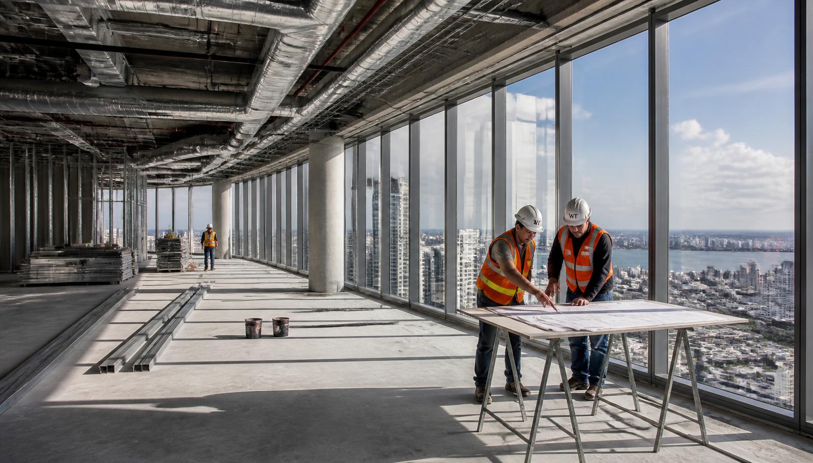 Commercial office build-out under construction in Miami with city views