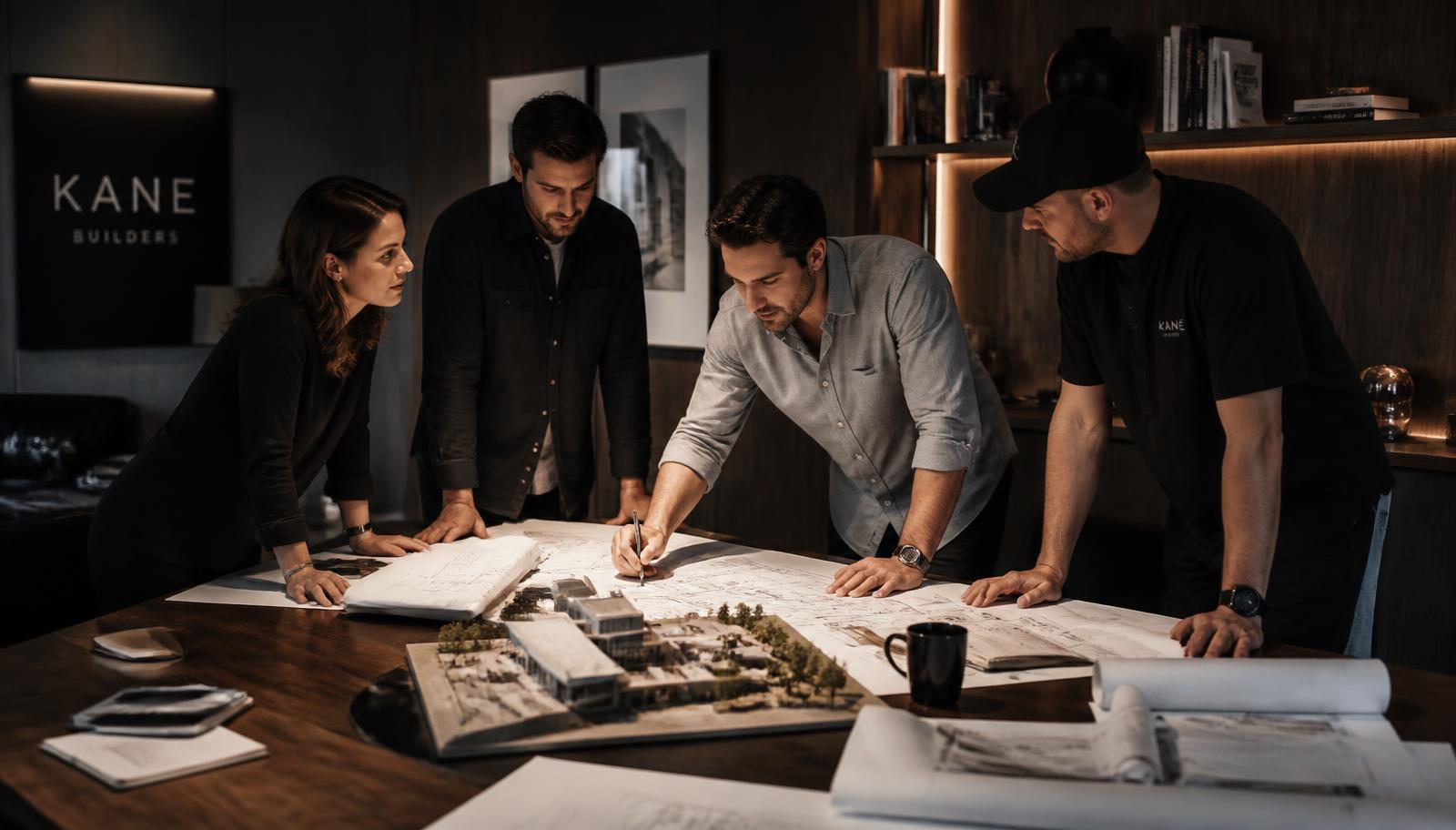Architects and builders reviewing drawings and a project model together