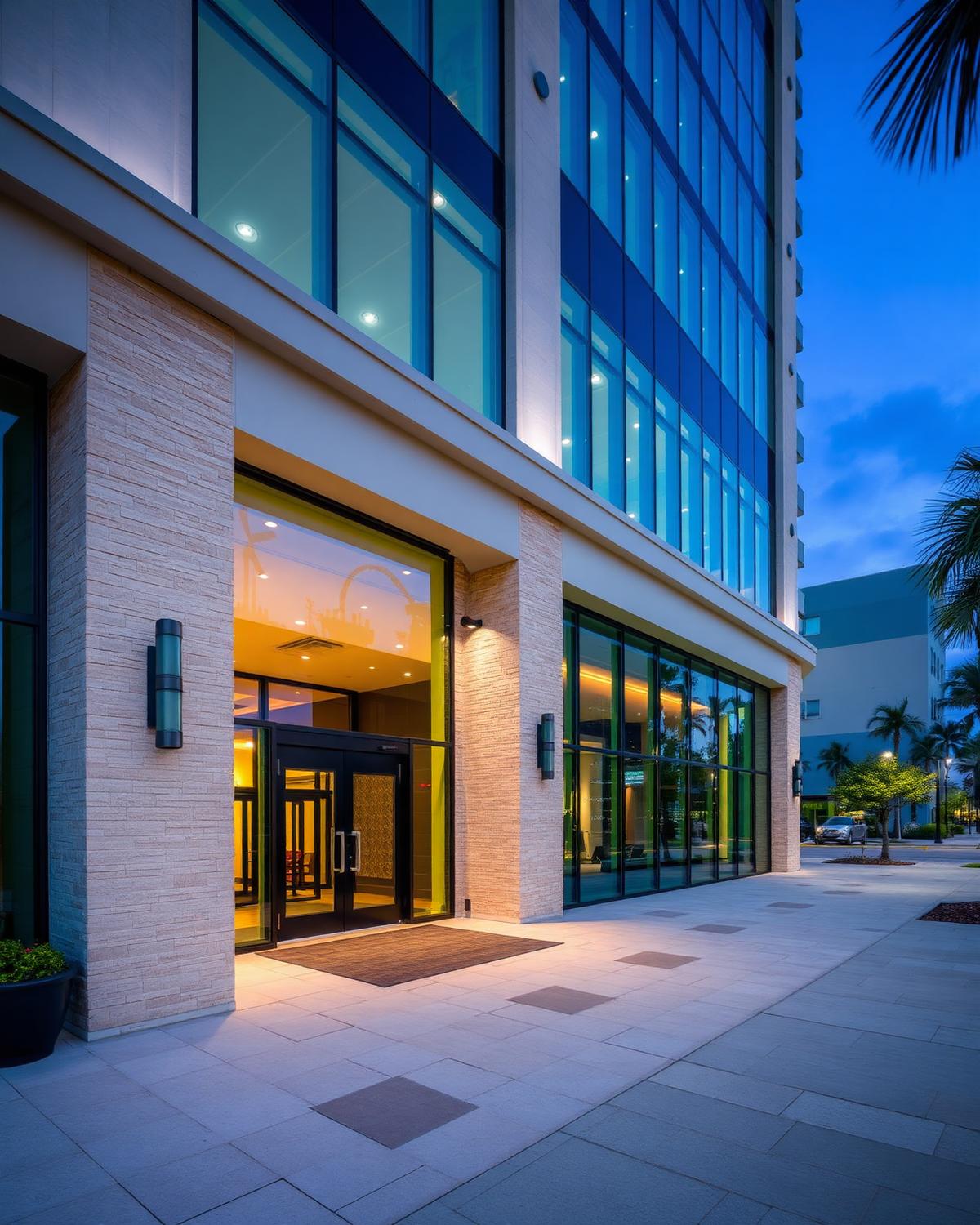 Modern commercial building entrance in South Florida at dusk